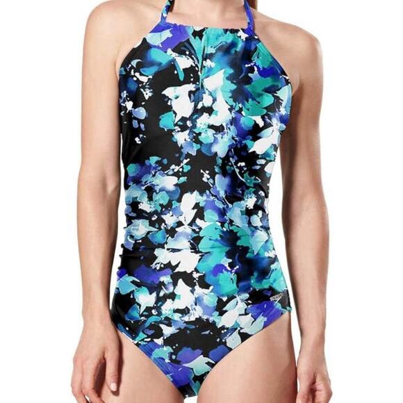 Speedo One Piece Swimsuit Womens XXL Blue Black Abstract Padded Keyhole Tie Neck - Picture 1 of 10